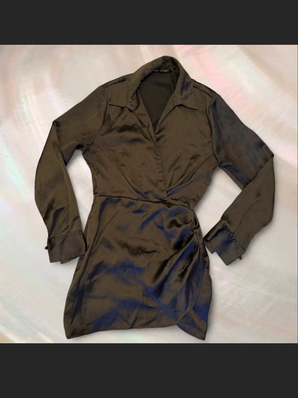 Zara Olive Satin Long-Sleeve Wrap Dress